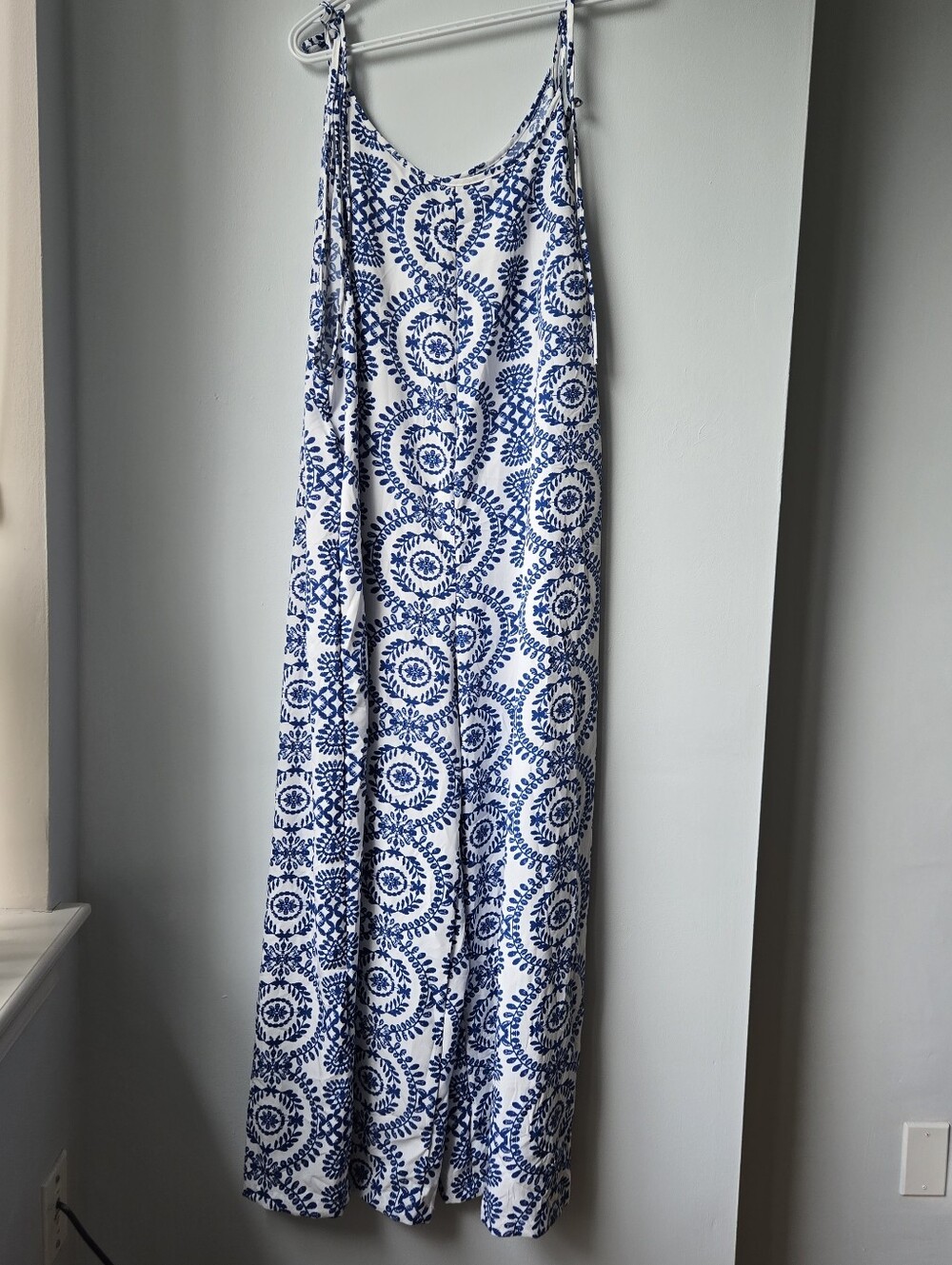 Women XL Jumpsuit White Blue Vintage-Tile-Print Wide Leg Mediterranean Aesthetic